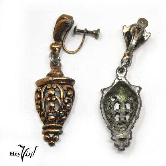 Vintage Screw Back Earrings - Hanging Ornate Design w Copper Look - Hey Viv - Picture 3 of 4